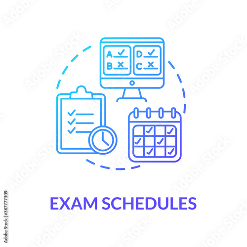 Exam schedules concept icon. Remote education process. Midterms and final examinations. Curriculum. Academic calendar idea thin line illustration. Vector isolated outline RGB color drawing