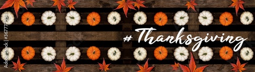Happy Thanksgiving background banner panorama - Top view from different autumnal orange and white colorful pumpkins and red orange fallen leaves on old rustic wooden pallet and hand drawing lettering