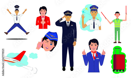 set of airlines crew drawing in cartoon vector