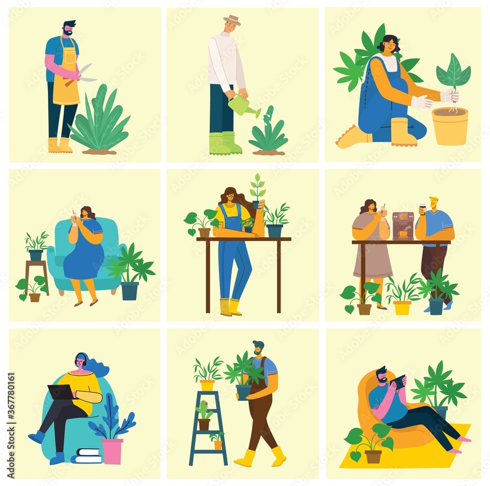 Young man and woman gardener holding a flower pot. Vector illustration in a flat style