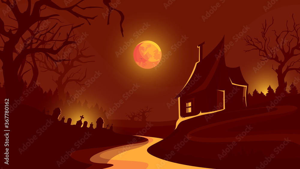 Halloween background with house under red sky. Scary night scene.