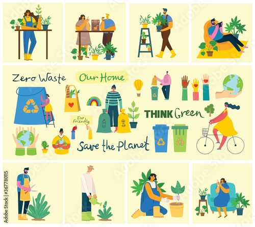 Set of eco save environment pictures. People taking care of planet collage. Zero waste  think green  save the planet  our home hand written text in the flat design