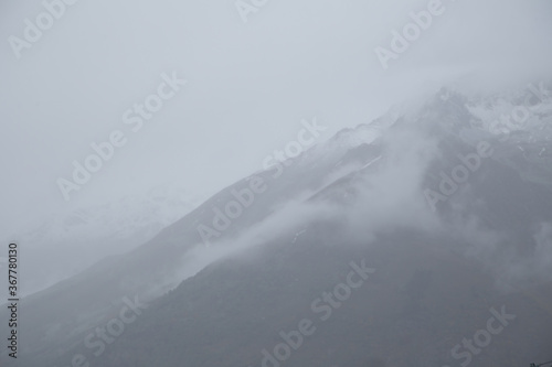 Foggy mountains, black and white, clouds
