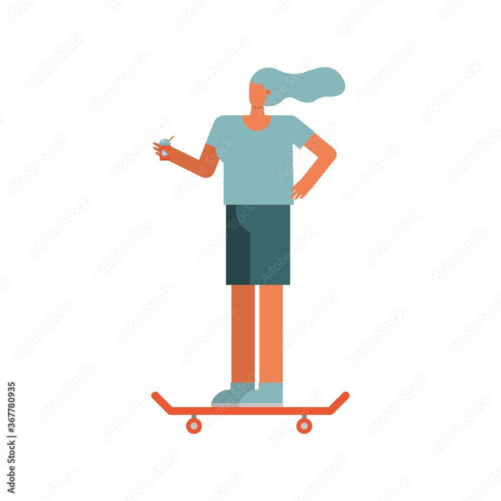 young woman in skateboard practicing activity character