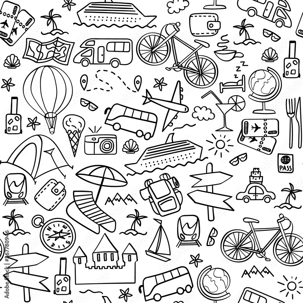 Hand drawn travel seamless pattern. Summer vacation doodles on white ...