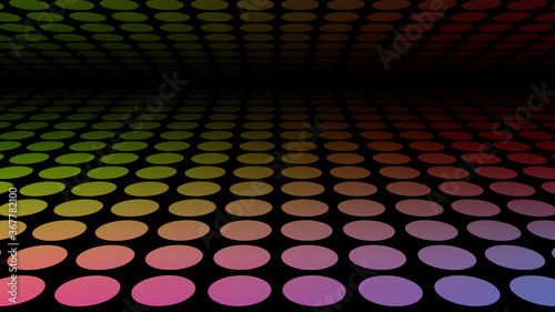Neon colored circles on the black. Perspective retro future sci-fi backdrop.  Large size background texture. Abstract art wallpaper. Contemporary art retro poster. Copy space.