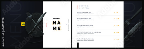 Vector menu template for restaurant and cafe. Menu cover design in black and white with fork and plate knife background. Modern restaurant fucking booklet brochure design