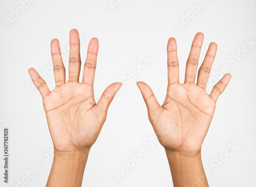 hand and finger of business man, show number ten, five, fifth sign, isolated on white background