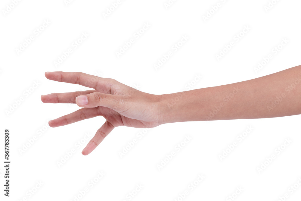 The woman's hand is reaching Catch something on a white background The woman's hand is reaching Catch something on a white background