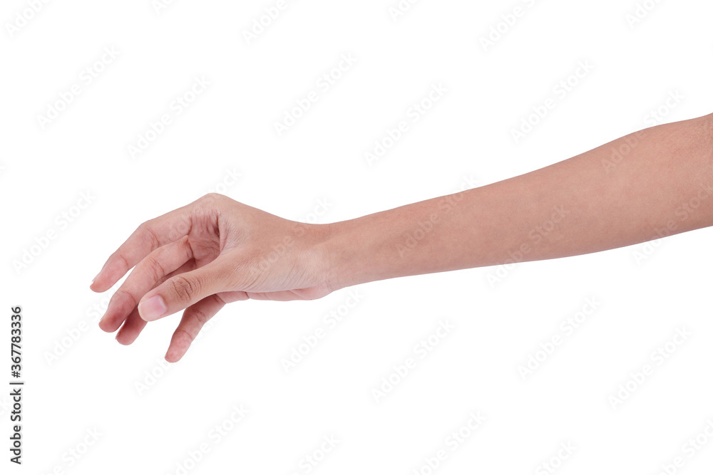 The woman's hand is reaching Catch something on a white background