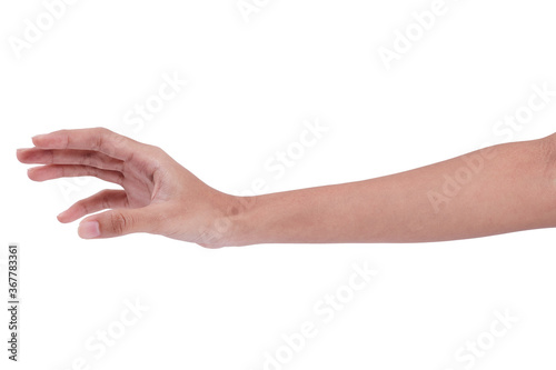 The woman's hand is reaching Catch something on a white background