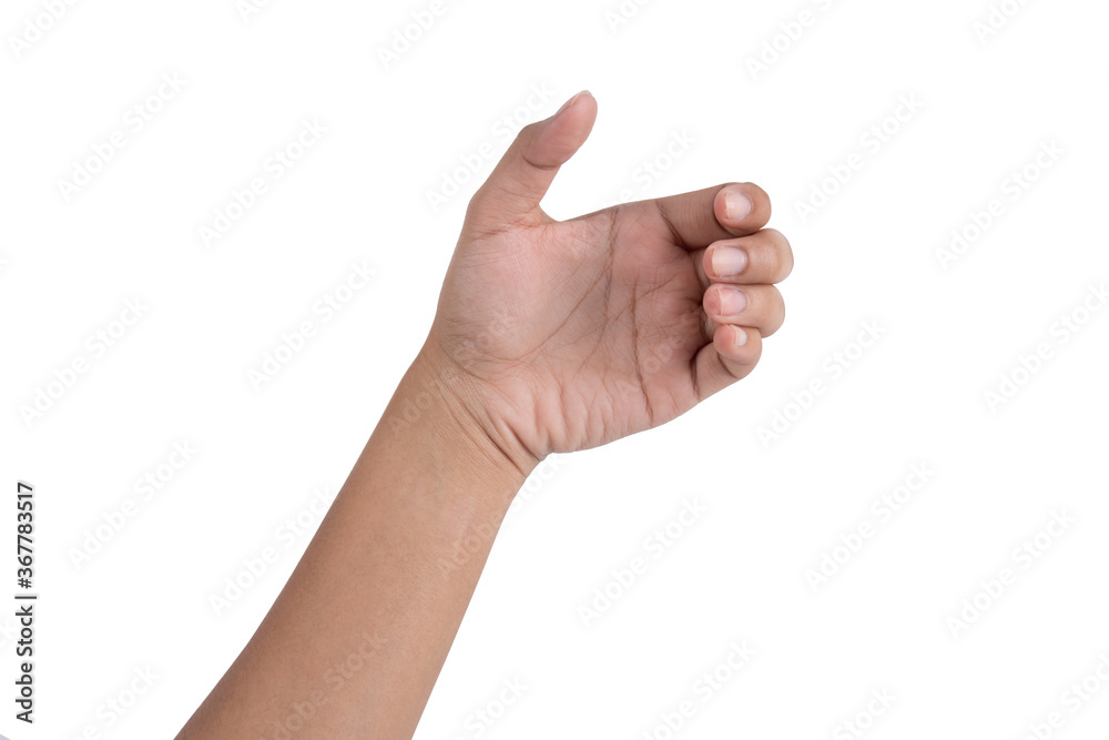 A hand holding something like a bottle on white background A hand holding something like a bottle on white background