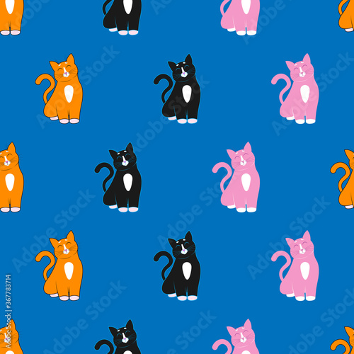 Three cute cartoon red, black and pink cats. Seamless ornament, pattern, background and template. Vector square