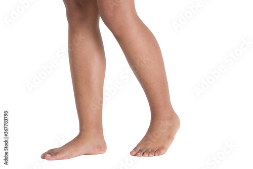 Female feet walking on white background isolated