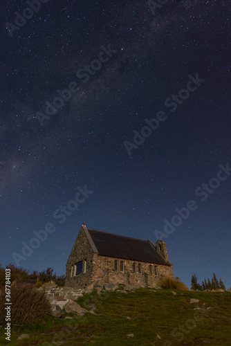 Church of the Good Shepherd under a sky full of stars