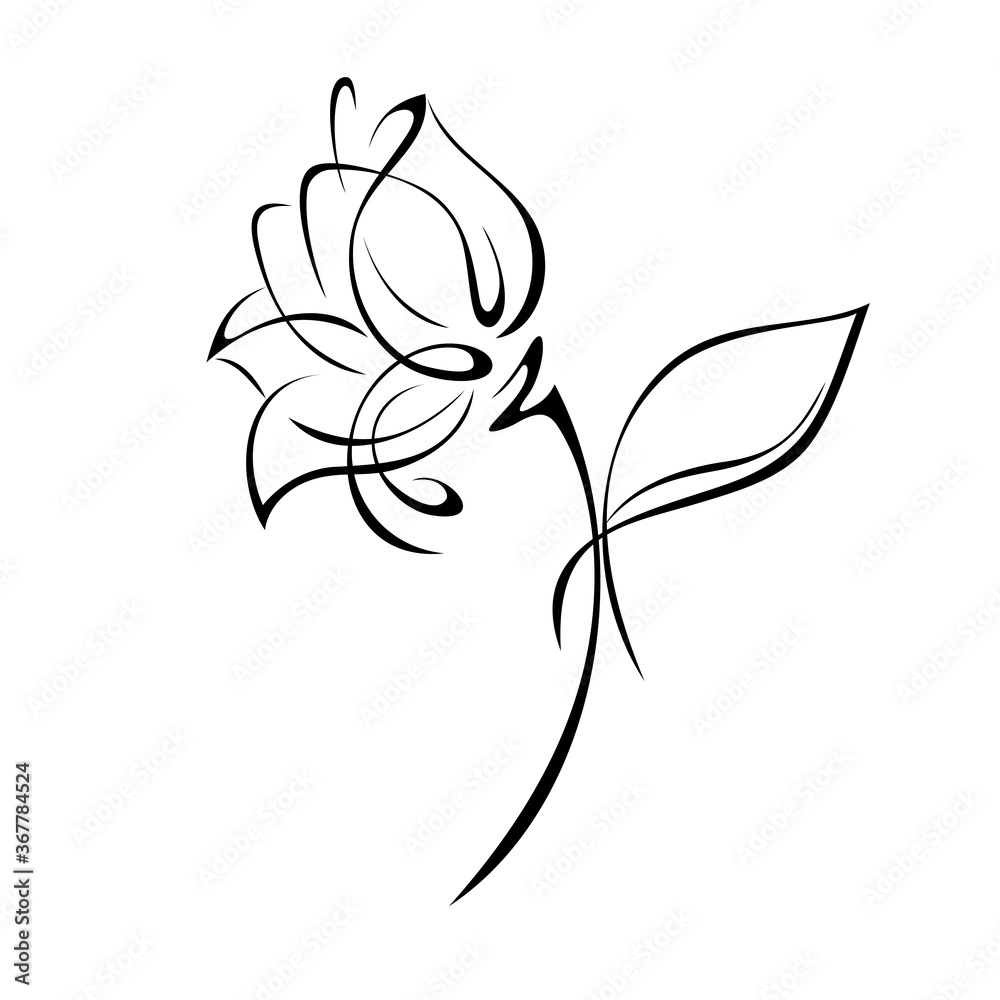Fototapeta premium ornament 1250. one stylized rose Bud on a short stem with a single leaf in black lines on a white background