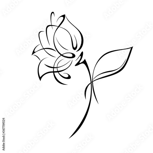 ornament 1250. one stylized rose Bud on a short stem with a single leaf in black lines on a white background