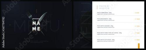 Vector menu template for restaurant and cafe. Menu cover design in black and white with fork and plate knife background. Modern restaurant fucking booklet brochure design