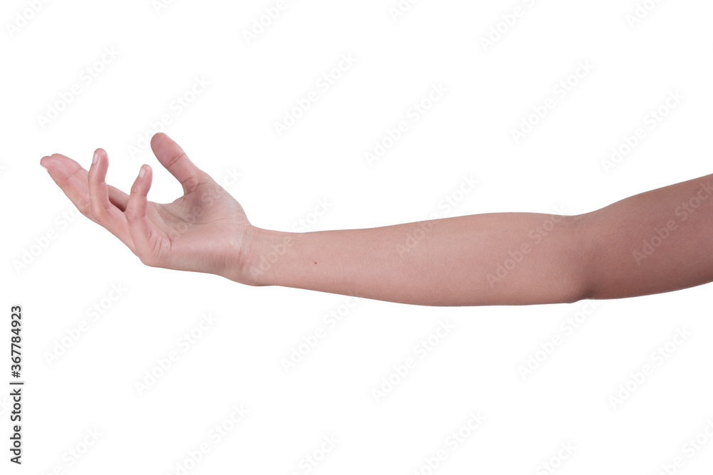 Young man hand isolated on white background.