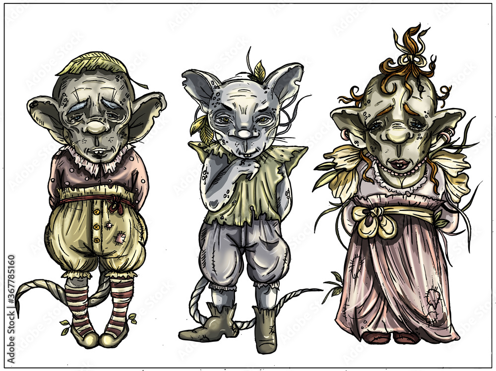 Magic cartoon characters - three creepy rats, similar to humans, with big  heads and ears, wrinkled muzzles and protruding teeth, thin twisted tails,  dressed in different outfits and hats. Set. Stock Illustration |
