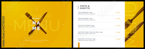 Vector menu template for restaurant and cafe. Menu cover design in black and yellow with fork and plate knife background. Modern restaurant fucking booklet brochure design