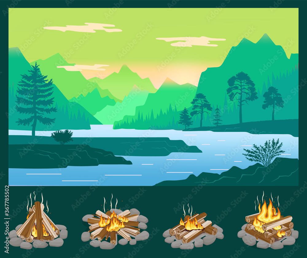 Naklejka premium Simple vector landscape with silhouettes of trees, mountains near river. Set of four icons with different bonfire. Beautiful view of nature, nobody. Cartoon illustration of summer nature, evening time