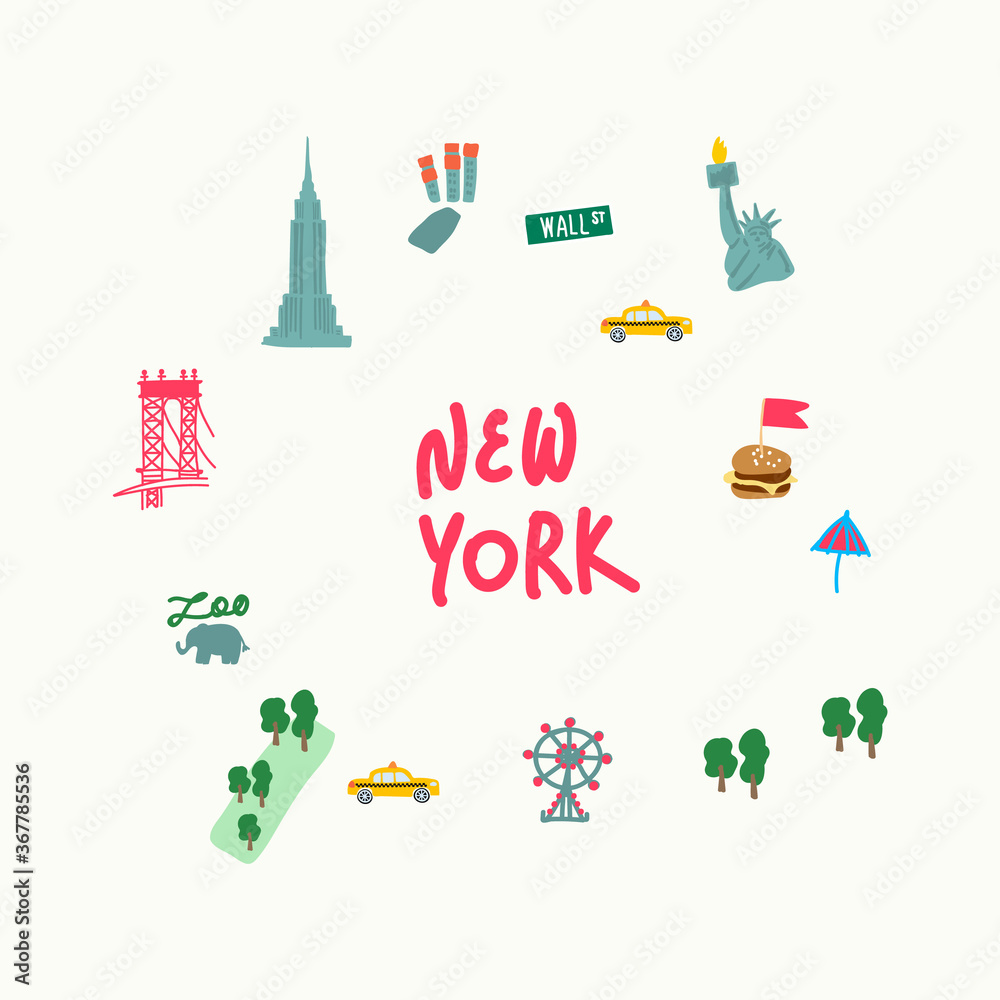 Set of attractions in New York USA. The set includes the famous statue of Liberty with a torch, the Brooklyn Bridge, the Zoo, Central Park, times Square, the Empire state building. With the Set of attractions in New York USA. The set includes the famous statue of Liberty with a torch, the Brooklyn Bridge, the Zoo, Central Park, times Square, the Empire state building. With the