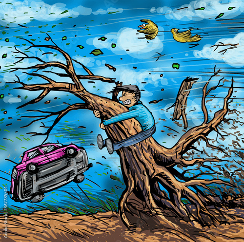 Cartoon Strong winds pushing the tree and the car.