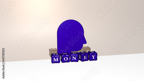 3D graphical image of money vertically along with text built by metallic cubic letters from the top perspective, excellent for the concept presentation and slideshows. illustration and business photo
