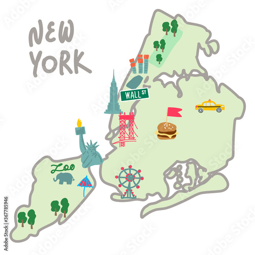 Map illustration of attractions in new York USA. The city map includes the famous statue of Liberty with a torch, the Brooklyn Bridge, the Zoo, Central Park, times Square, and the Empire state