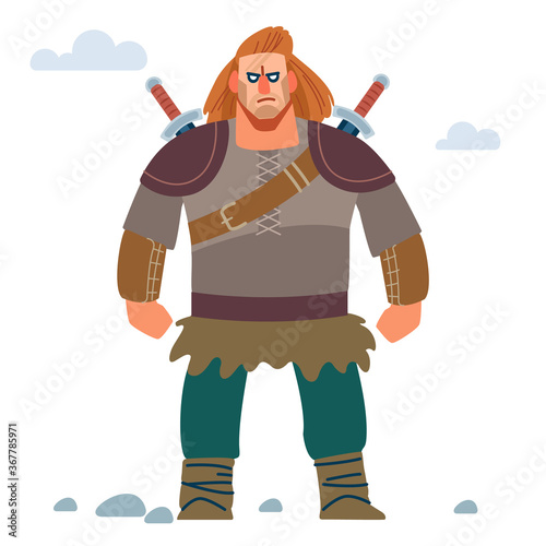 Warrior Northerner. Medieval young Viking in armor with two swords. Vector isolated on white background with dragon. Flat style