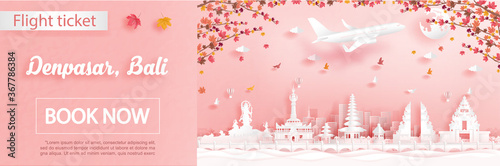 Flight and ticket advertising template with travel to Denpasar, Bali. Indonesia in autumn season deal with falling maple leaves and famous landmarks in paper cut style vector illustration