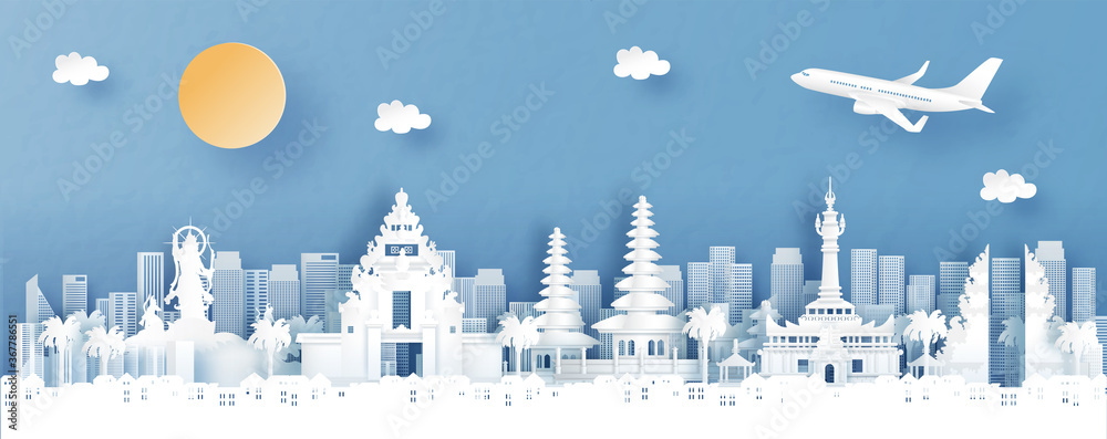 Panorama view of Denpasar, Bali. Indonesia with temple and city skyline with world famous landmarks in paper cut style vector illustration