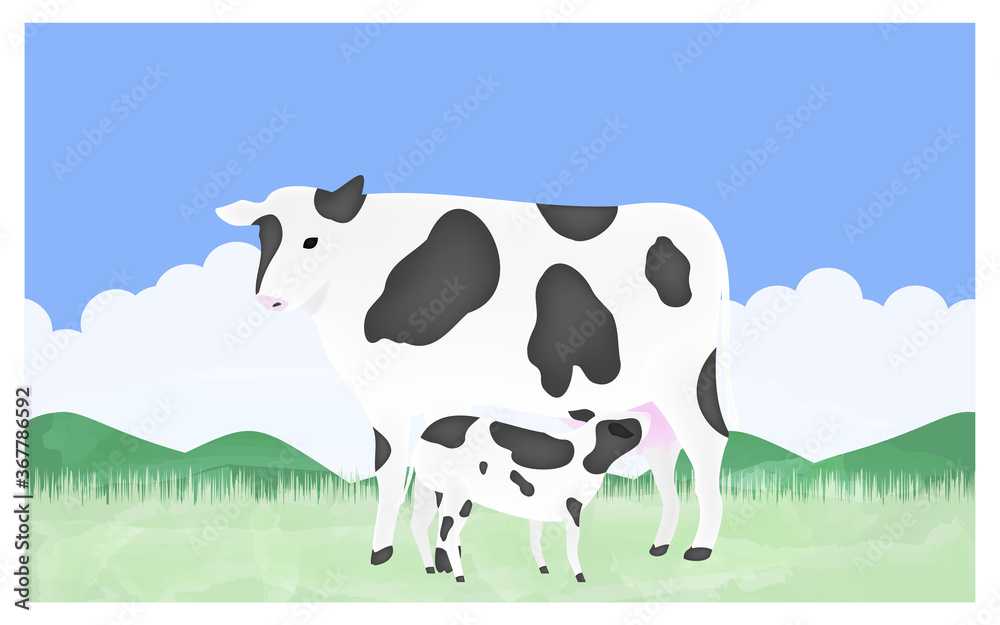 母牛の乳を吸う子牛のイラスト 夏の牧場で Stock Vector Adobe Stock