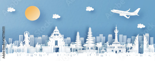 Panorama view of Denpasar, Bali. Indonesia with temple and city skyline with world famous landmarks in paper cut style vector illustration