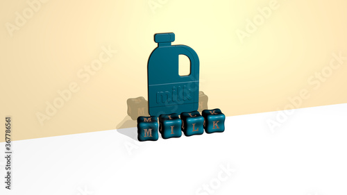 3D graphical image of milk vertically along with text built by metallic cubic letters from the top perspective, excellent for the concept presentation and slideshows. background and illustration