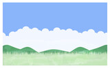 夏の草原のイラスト　青空と入道雲、山と原っぱ