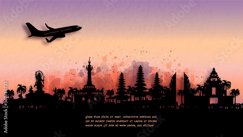 Watercolor of Denpasar, Bali. Indonesia silhouette skyline and famous landmark. vector illustration.
