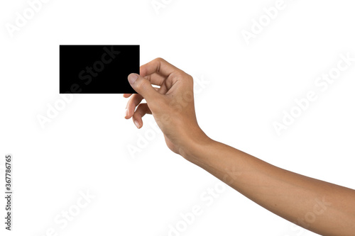 Male hand holding business card.