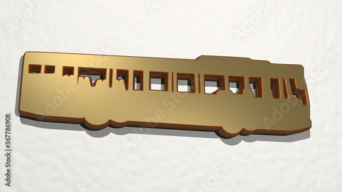 BUS on the wall. 3D illustration of metallic sculpture over a white background with mild texture. city and car