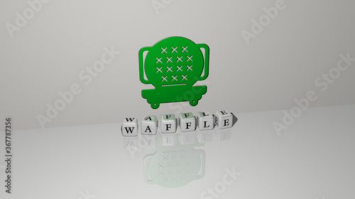 Slika na platnu 3D representation of WAFFLE with icon on the wall and text arranged by metallic cubic letters on a mirror floor for concept meaning and slideshow presentation