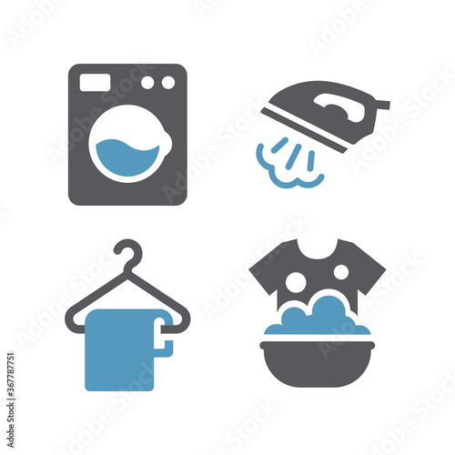 Laundry service black glyph icon set. Iron with steam, dry cleaning, washing machine symbols.