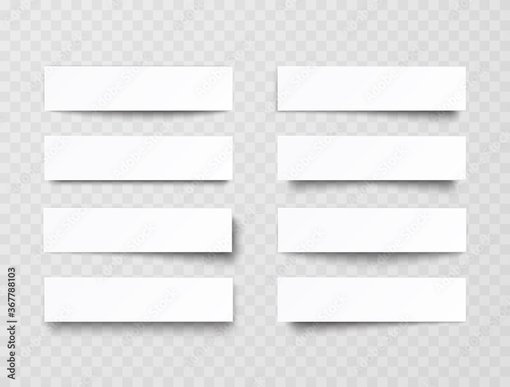 Plastic or paper white banners with shadow isolated on transparent background. Vector blank sticker, header, label or bar template