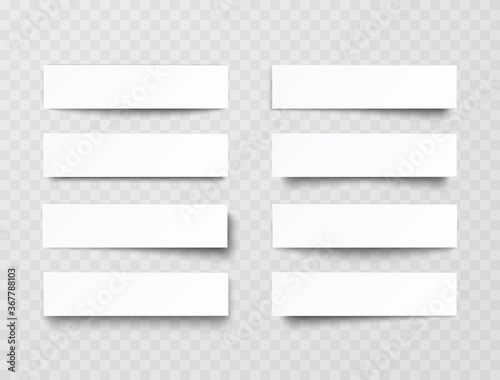 Plastic or paper white banners with shadow isolated on transparent background. Vector blank sticker, header, label or bar template