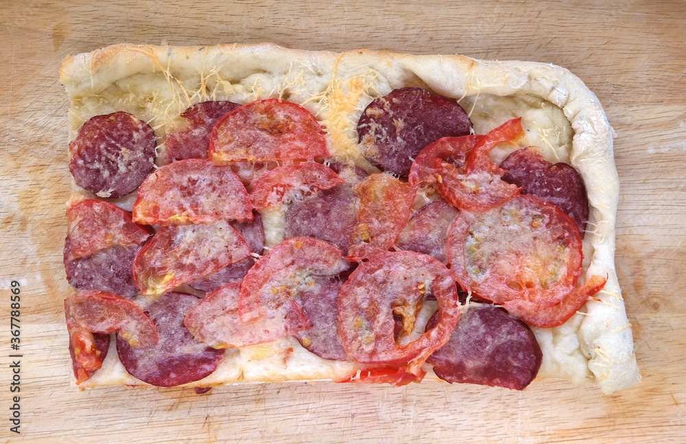 pizza with sausage, cheese and tomato pizza with sausage, cheese and tomato