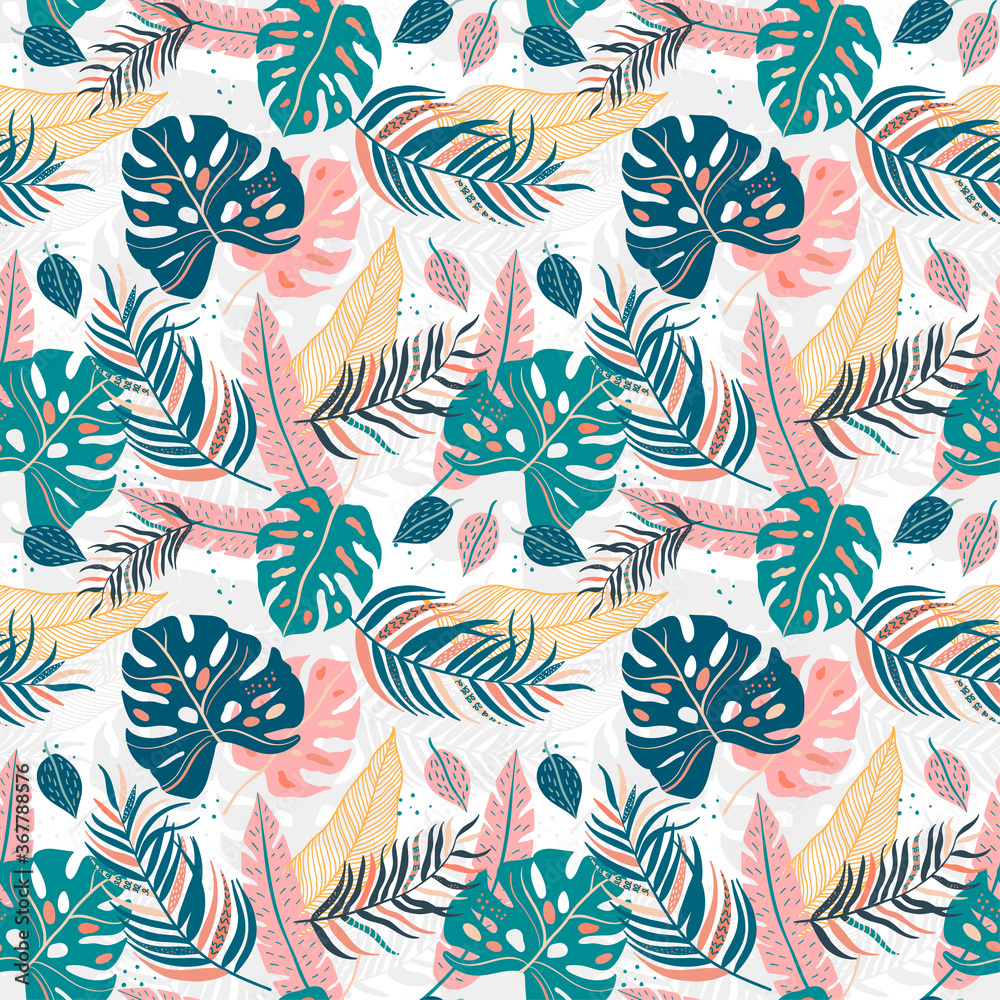 Fototapeta premium Tropical Leaves Seamless Pattern - elegant, exotic, hand drawn leaves - great for Textiles, Fabrics, Wallpapers, banners, Cards - surface design