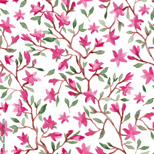 Pink magnolia flowers branch watercolor painting - hand drawn seamless pattern on white background