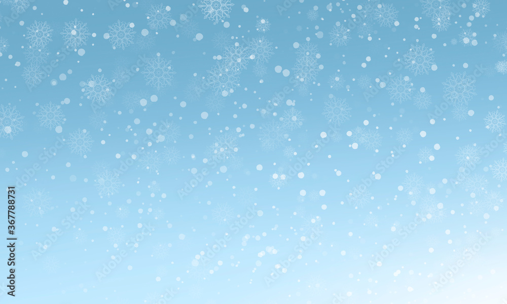 winter light blue background with snowflakes and bokeh effect. Christmas card.