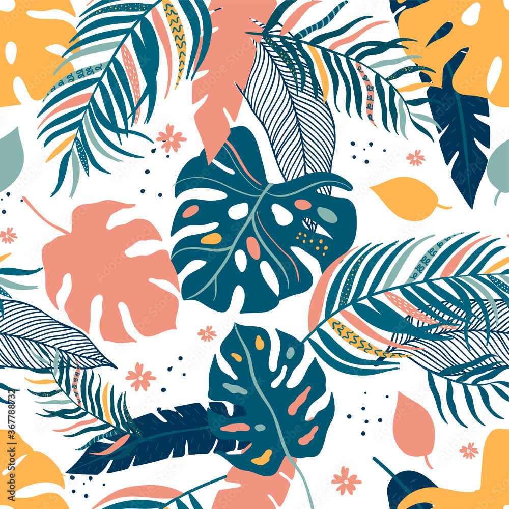 Tropical Leaves Seamless Pattern - elegant, exotic, hand drawn leaves - great for Textiles, Fabrics, Wallpapers, banners, Cards - surface design