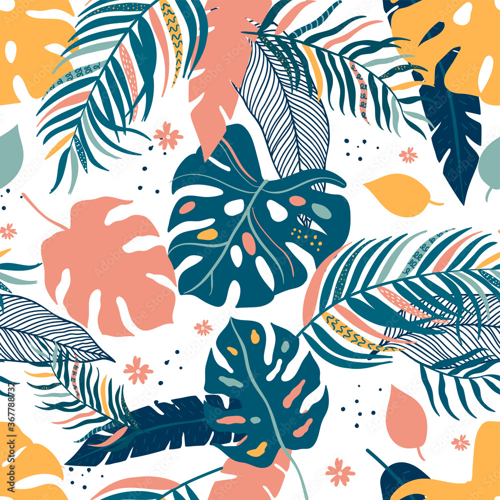 Obraz premium Tropical Leaves Seamless Pattern - elegant, exotic, hand drawn leaves - great for Textiles, Fabrics, Wallpapers, banners, Cards - surface design